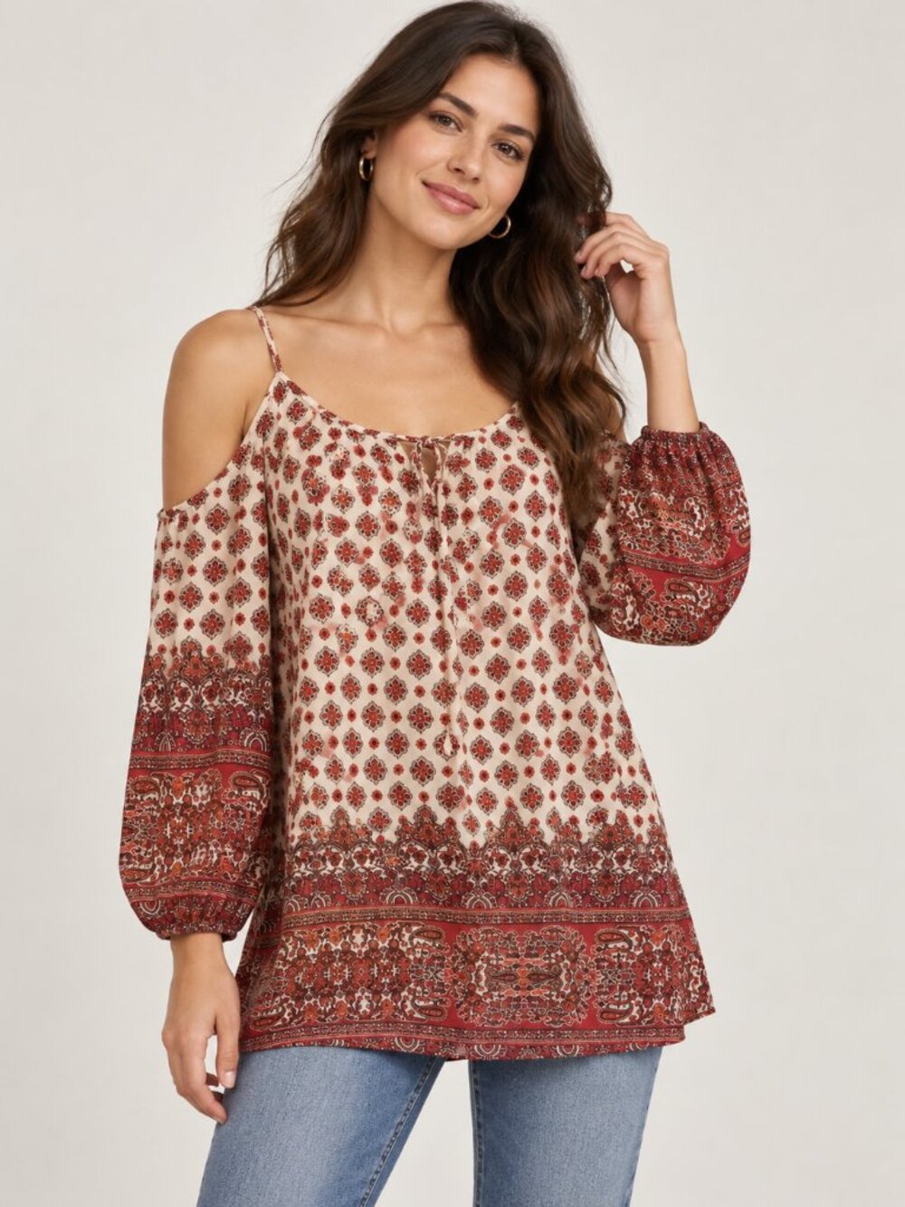 Blu Pepper Boho Cold Shoulder Border Print Peasant Blouse Top Size Small